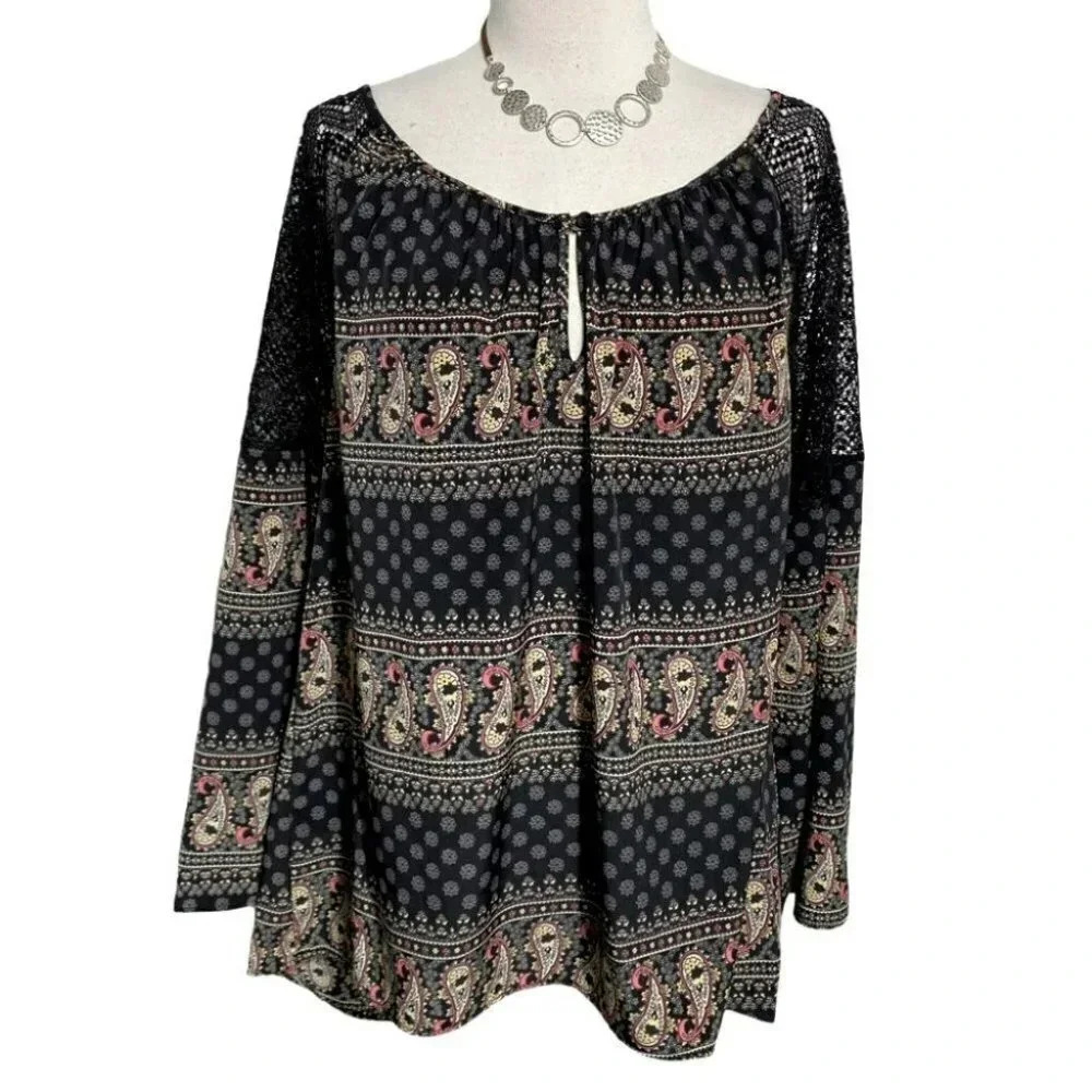 Sage Paisley‎ Boho Peasant Blouse Large Black Crochet Lace Keyhole Long Sleeve